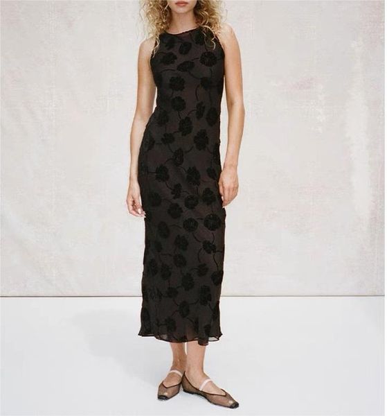 Tasarımcı Elbise, Retro Işık Lüks İpek Velvet Fransız Tarzı Çöp, Kolsuz Tekne Boyun İnce Fit Elbise