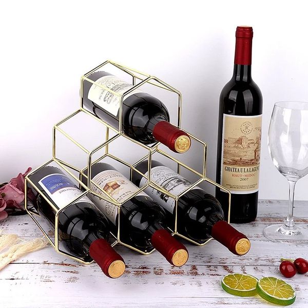 Modern Metal Petek Şarap Rafı Şişe Depolama Masa Hexagon 5 Şişe Şarap Tutucu Ekran Ev Bar Süslemeleri 240124