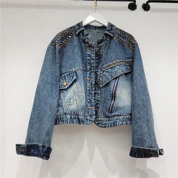 Jaquetas femininas primavera moda frisado diamante curto jeans jaqueta gola única manga longa denim casual chaqueta mujer