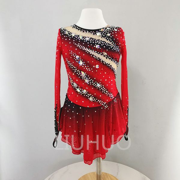 LIUHUO Eiskunstlaufkleid für Mädchen und Teenager, Rot, Eislaufen, Tanzrock, hochwertige Kristalle, dehnbar, Tanzbekleidung, Ballettaufführung