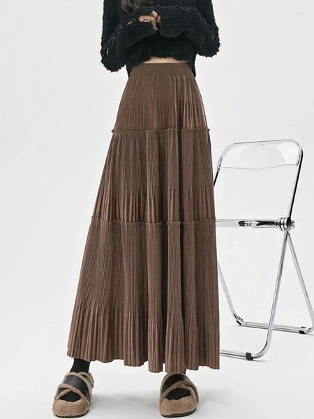 Saias vintage maxi veludo saia para mulheres 2024 outono inverno elegante sólido uma linha de cintura alta plissada longa feminina p448