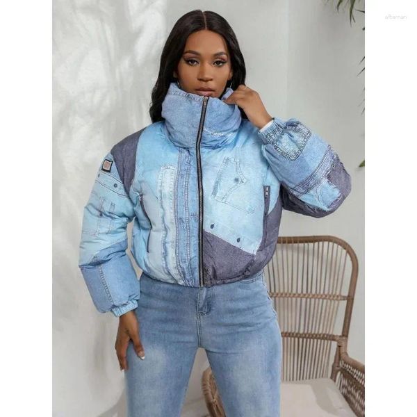 Trench da donna Cappotto in denim Stampa denim Capispalla imbottito in cotone Y2K Pane Parchi Giacca Cerniera Moda Tasche casual Parka