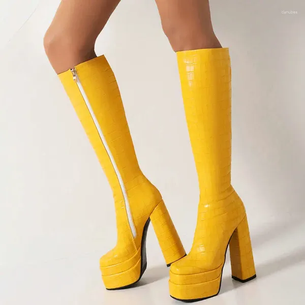 Stivali 2024 moda donna alta al ginocchio piattaforma in ecopelle tacco grosso punk punta quadrata cerniera autunno inverno scarpe da donna