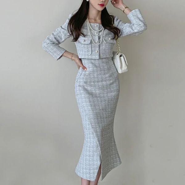 Inverno coreano moda elegante 2 peça conjunto feminino xadrez vintage midi saia terno feminino tweed simples casual y2k roupas 240124