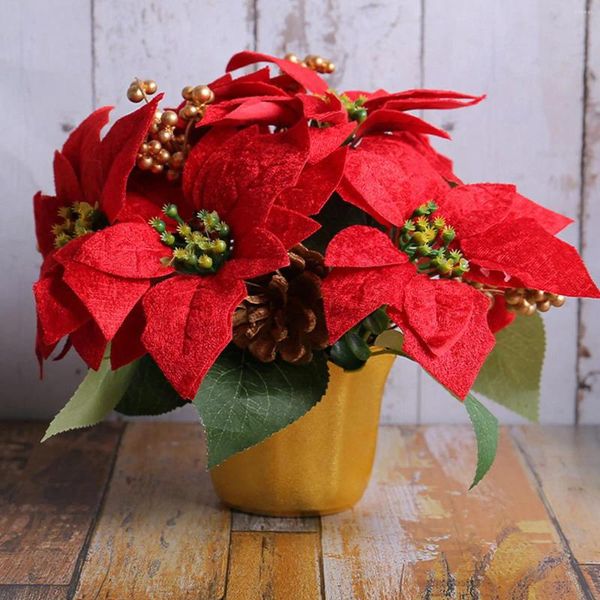 Fiori decorativi Natale artificiale Poinsettia Pianta Fiore rosso in vaso per le vacanze di Natale Da tavolo da giardino per interni