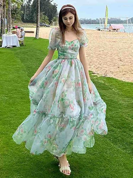 Vestidos casuais vestido de fada feriado princesa mulheres primavera 2024 francês vintage floral midi organza festa elegante