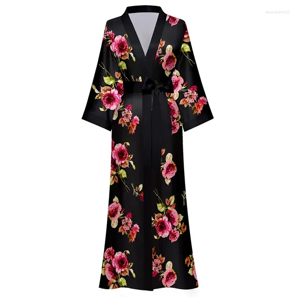 Indumenti da notte da donna Abito lungo nero Abito da donna con stampa floreale Camicia da notte in raso morbido Abbigliamento per la casa Kimono Accappatoio Loungewaer sexy