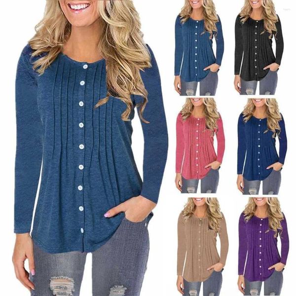 Camisetas para mujer para mujer talla grande con botones abajo invierno otoño superior cuello redondo para damas moda jersey blusa camiseta mujer