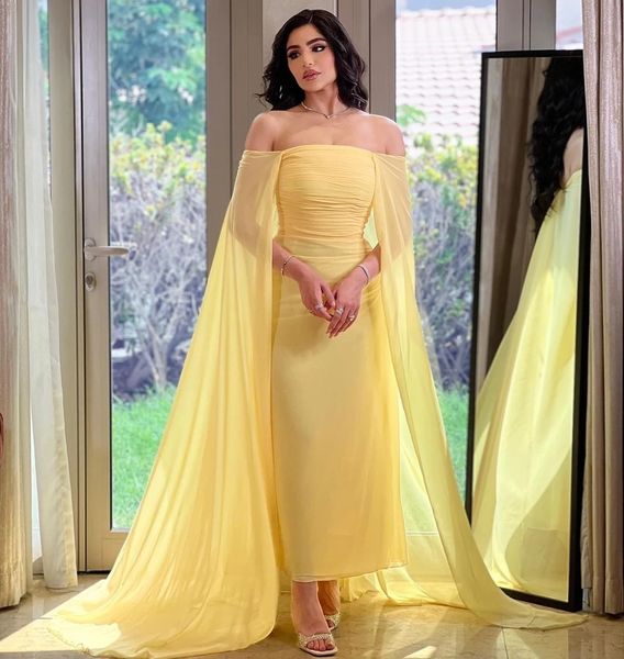 Abiti da ballo alla caviglia in chiffon giallo chiaro Collo a barca con spalle scoperte Avvolgente lungo 2024 Guaina araba Abito formale da sera elegante per le donne 2024