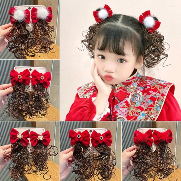 Acessórios de cabelo 2 pcs peruca encaracolada hairpins headdress para crianças bonito princesa meninas arco vermelho cilps perucas ano das crianças