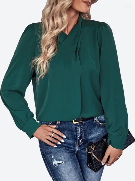 Kadın bluzları Benuynffy Kadınlar Çapraz Yaka Anahtar Deliği Arka Bluz Moda 2024 Bahar Sonbahar Uzun Kollu Zarif Ofis İş Gömlekleri Üstler