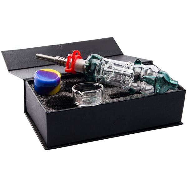 NC016 Buntes verschüttetes Rauchrohr Bubbler Bong Geschenkbox 14mm Titan Keramik Quarz Nagel Clip Wachs Schale OD 32 mm Vogelkäfig Perc Dab Rigglasrohre Set Set