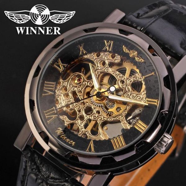 Vincitore moda oro nero numero romano quadrante orologio di design di lusso orologio da uomo top brand cool scheletro meccanico orologi da polso maschile280K