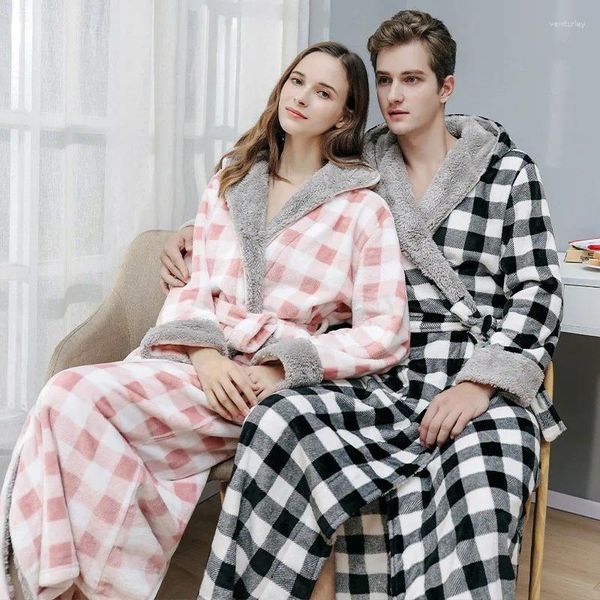 Damen-Nachtwäsche, Herbst-Winter-Nachthemd mit Kapuze, bedruckt, kariertes Flanell, warme Pyjamas, Stöße, weiches Paar-Nachthemd, Herren-Morgenkleid, verdickt