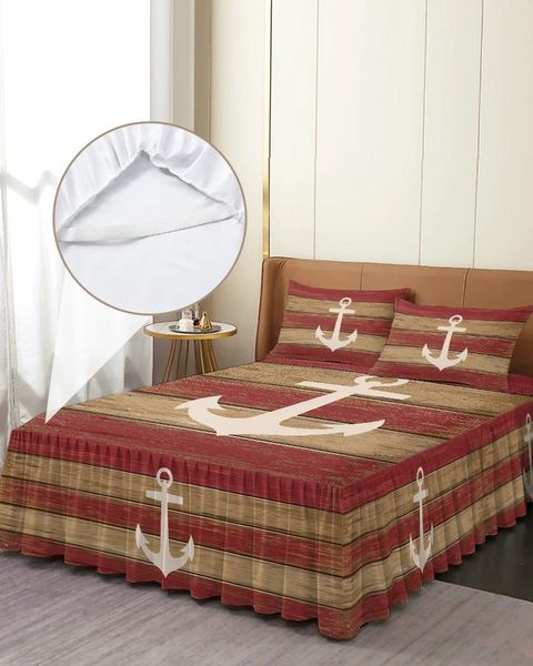 Saia de cama vintage velha pranchas de madeira textura âncora colcha equipada com fronhas capa de colchão conjunto de cama folha