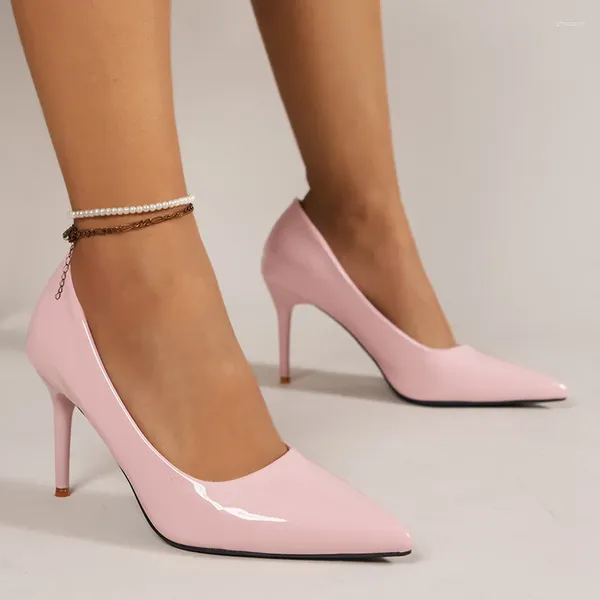 Sapatos de vestido sexy saltos finos bombas para mulheres rosa patente couro apontou toe festa mulher 2024 primavera deslizamento-on stiletto salto alto