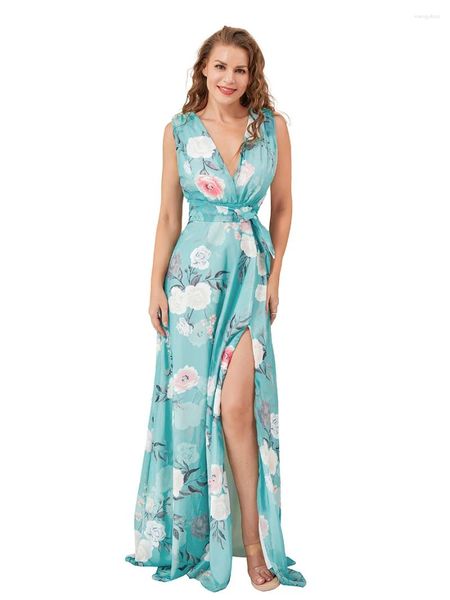 Vestidos casuais feminino floral impressão tanque vestido com decote em v meados de cintura sem costas fluido longo chiffon para praia de verão