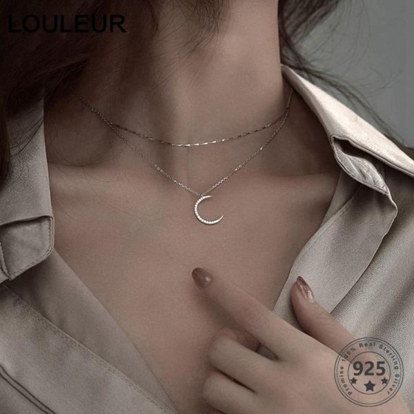 Louleur real 925 prata esterlina lua colar elegante dupla camada corrente de ouro colar para mulheres moda luxo jóias finas 09210b