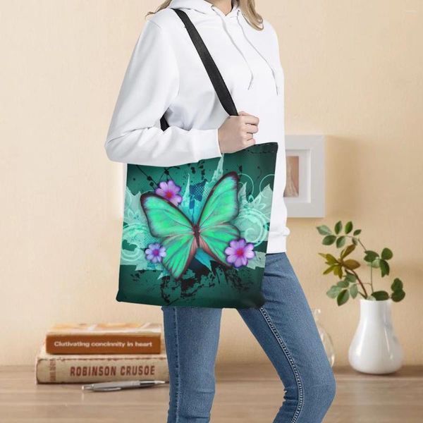 Sacos de compras femininos 2024 borboleta verde design dupla face impressão eco-friendly bolsa de ombro para a mãe supermercado bolsa mercearia