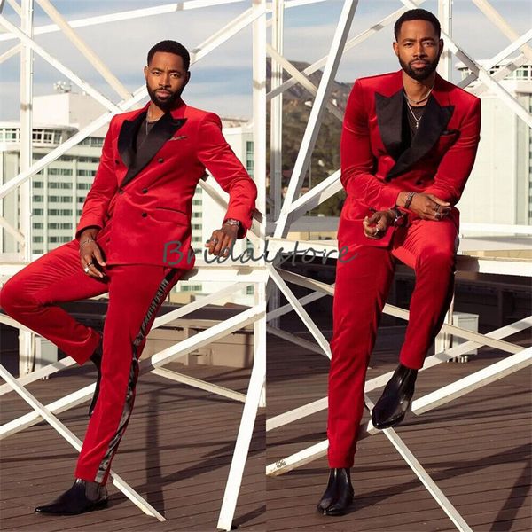 Bonito vermelho veludo casamento smoking 2024 pico lapela masculino blazers colete cabido noivo ternos de casamento masculino causal baile sob medida noivo magro 2 peças ternos de festa