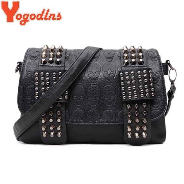 Yogodlns mulheres bolsas mensageiro de couro preto moda vintage mensageiro legal crânio rebites bolsas de ombro sac a principal bolsa 240118