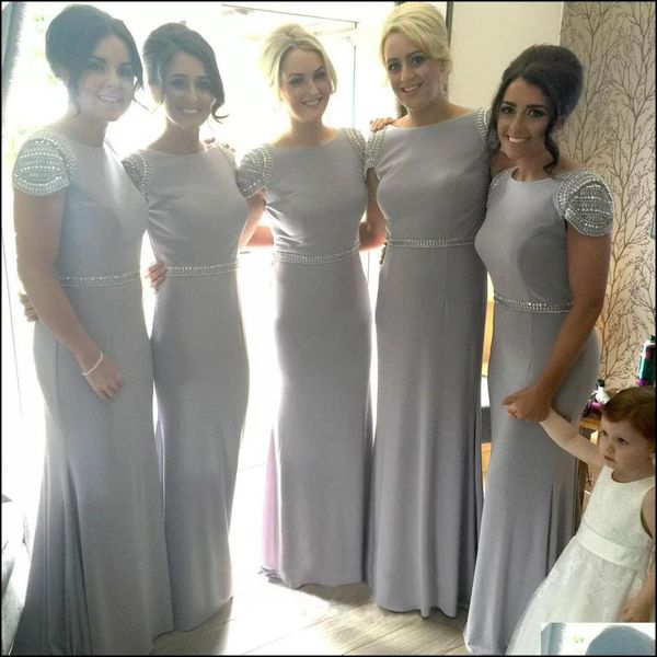 Серебристо-серые платья подружки невесты 2022 года с жемчужным вырезом и бисером, с короткими рукавами, платье подружки невесты, шифоновое пляжное свадебное платье Ves310d