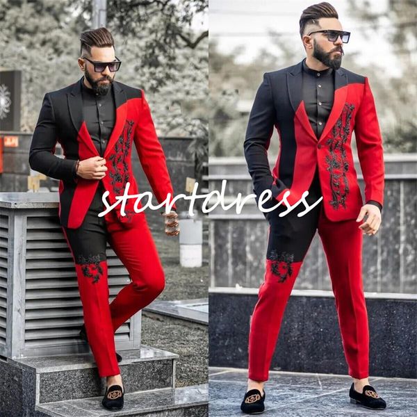 Rosso Nero Smoking da sposa Splicing Colore Abiti da uomo 2024 Picco risvolto Uomo Blazer Gilet aderente Sposo Uomo Abiti da sposa Causale Abito da ballo Su misura Sposo Abiti da festa