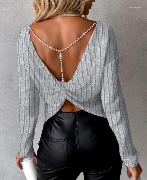 Женские блузки, осенне-весенняя блузка для женщин, 2024, женский топ с длинными рукавами и открытой спиной, однотонный, украшенный бисером и жемчугом, на бретельках, с открытой спиной, витой ребристый