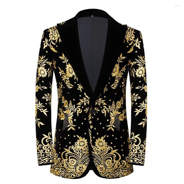 Ternos masculinos dourados florais bordados, jaqueta com gola lapela, veludo, slim fit, casamento, smoking, blazer, banquete, festa, traje