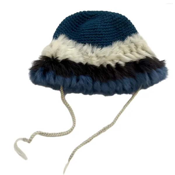 Berets Frauen Gestrickte Hut Weiche Kontrast Farbe Winter Beanie Patchwork Pelzige Warme Kappe Für Indoor Outdoor