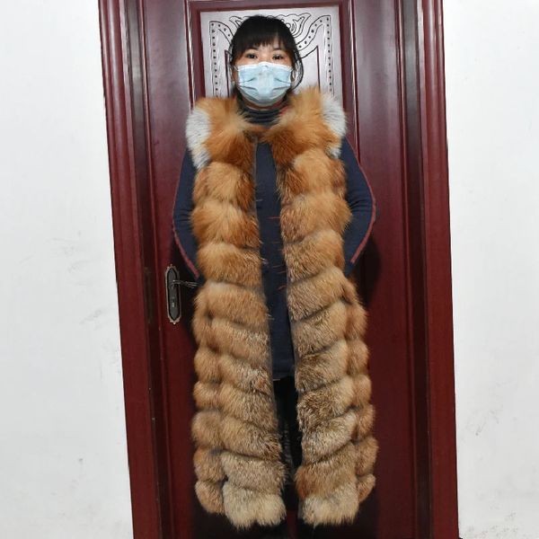 Gilet di pelliccia di volpe rossa invernale Gilet di pelliccia di volpe naturale lungo femminile Gilet di pelliccia di volpe rossa lunga donna 240122