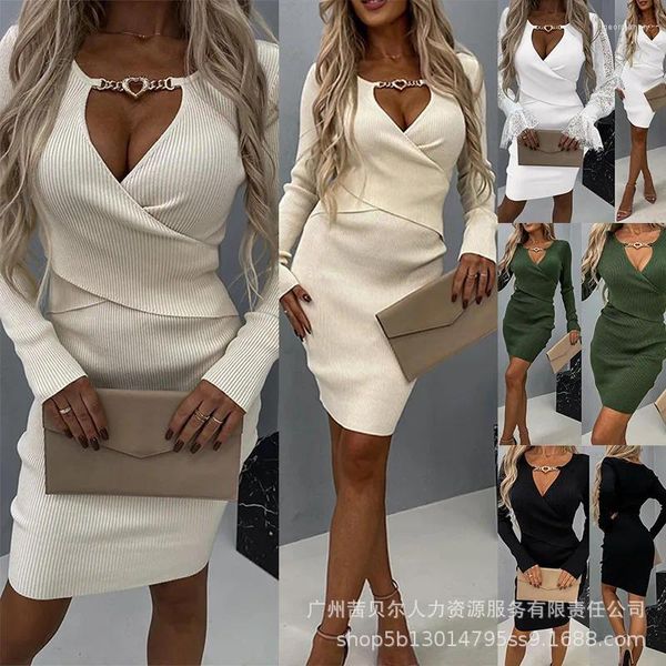 Casual Kleider Frauen Gestrickte Kleid V-ausschnitt Kette Volle Hülse Slim Fit Splice Mid Länge Elegante Regelmäßige Vestidos Damen 2024