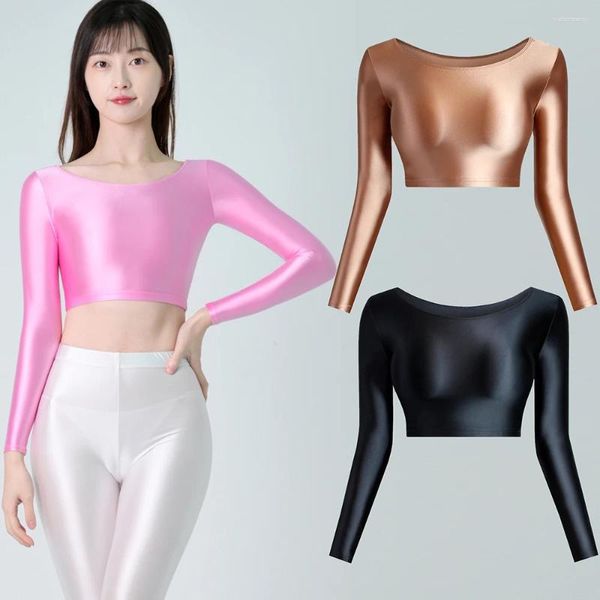 Roupa de banho feminina cetim japonês brilhante sexy manga longa topo esportes sólido brilhante seda suave camiseta apertado yoga nadar expor umbigo curto