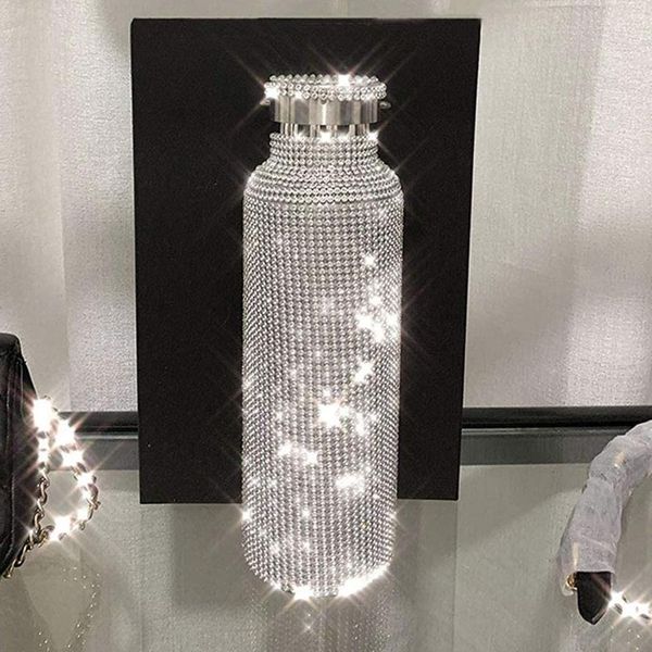 500ml espumante diamante tumbler aço inoxidável bling strass garrafa de água portátil chaleira ao ar livre com lid275f