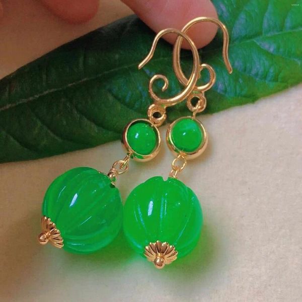 Orecchini pendenti a forma di zucca naturale Giada verde Giadeite Eardrop Gancio per l'orecchio in oro Ringraziamento Festa della mamma Halloween Natale classico