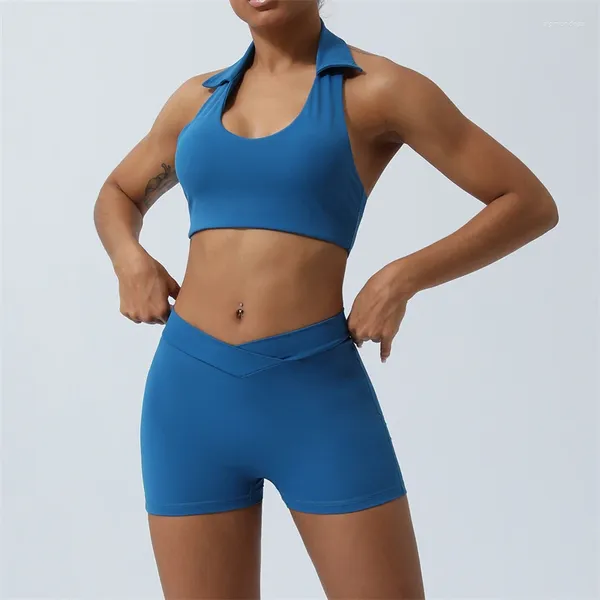 Set attivi Set sportivo da palestra senza cuciture Completo da allenamento per yoga da donna 2 pezzi Completo da fitness Pantaloncini a vita alta Reggiseno con risvolto all'americana Tuta da corsa