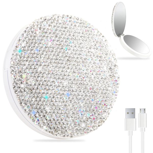 Spiegel Luxuriöser Bling-Strass-Taschenspiegel für Damen, Reise-Make-up-Spiegel, wiederaufladbar, mit LED-Beleuchtung, Taschenspiegel, Vergrößerung