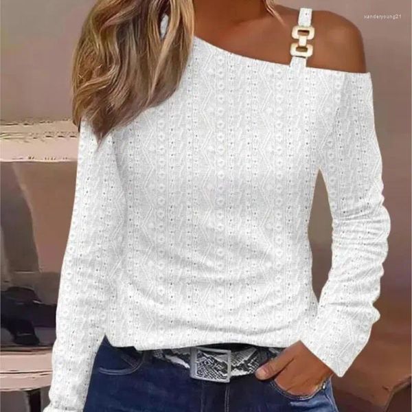 Blusas femininas primavera e outono moda botão de metal oblíquo ombro pescoço camisa elegante mulher impressa manga longa fino ajuste blusa superior