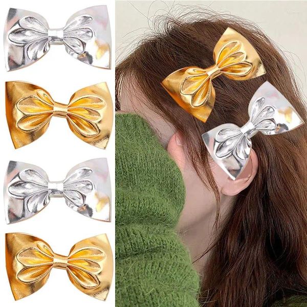 Acessórios de cabelo 2 pcs clipe de arco de ouro para crianças pu sliver metálico hairpins brilhando dourado barrettes headwear meninas