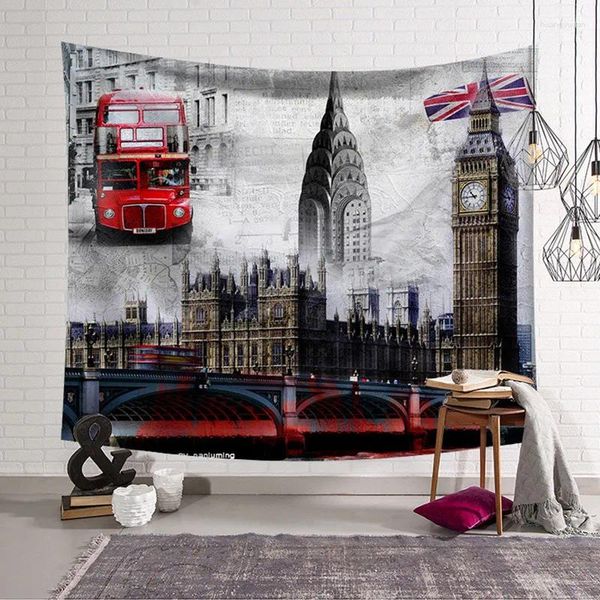 Wandteppiche, roter Bus, Wandteppich, London, England, Vintage-Kunst-Thema, Flagge des Vereinigten Königreichs, europäischer Architekturstil, Schlafzimmer- und Wohnzimmerdekoration