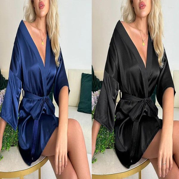 Indumenti da notte da donna Estate Nero Simulazione Seta Abito a maniche medie Cardigan In pizzo Nappa Accappatoio Sezione sottile Indumenti da notte sexy Abbigliamento per la casa