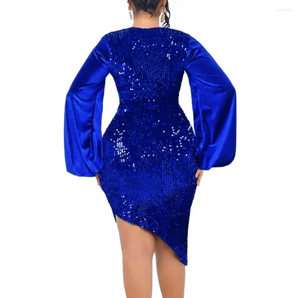 Casual Dresses Frauen Samtkleid Pailletten V-Ausschnitt Abend mit Laternenärmeln Hohe Taille Formal Prom Bankett Midi für