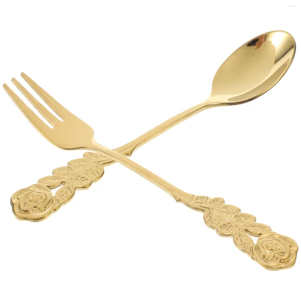 Forks Fork Spoon Aço inoxidável Conjunto de flores de rosa sobremesa café dourado