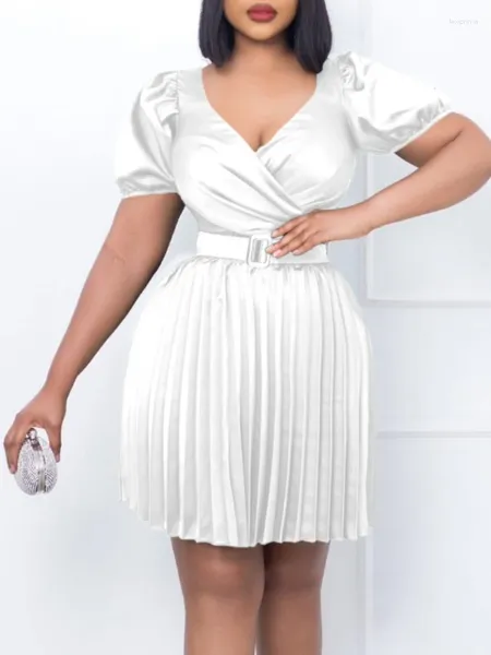 Ethnische Kleidung Sommer V-Ausschnitt Falten Minikleid Afrikanische Kleider für Frauen 2024 in Abendparty Hohe Taille Robe Femme Plus Size Damen Gürtel