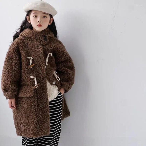 Куртки 2024, зимнее детское меховое пальто с роговыми пуговицами, шерсть ягненка, кашемир, Thciker, теплое для девочек, A3140
