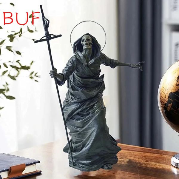 Statua di decorazioni per la casa gotica Morte nera Scheletro Guardiano Scultura di Halloween Decorazione in resina Artigianato Ornamenti Figurina di teschio 240123