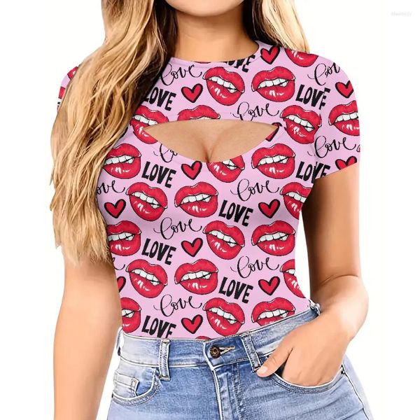 Damen T-Shirts Sexy O-Ausschnitt T-Shirt Hohlhemd Sommer Kurzarm Tops 3D Lip Print T-Shirt Frauen Slim Pullover Kleidung Mädchen 2024