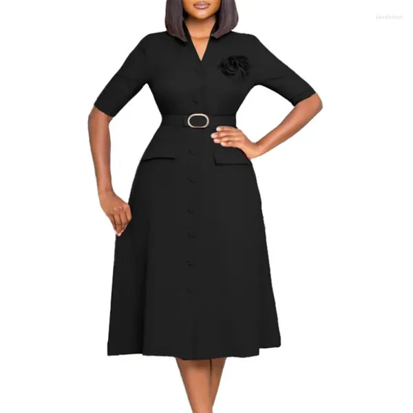 Roupas étnicas Elegante Senhora de Escritório Cor Sólida A-Linha Vestido Cinto Decoração V-Pescoço Manga de Três Quartos Cintura Alta Outono Slim Plissado Longo