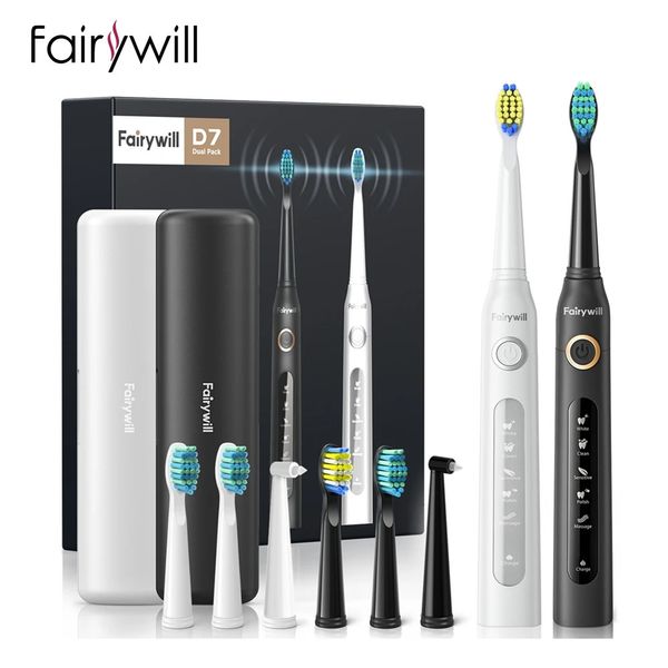 Fairywill Sonic escova de dentes elétrica FW-D7 conjunto de escovas de dentes de carga USB para adultos com cabeças de escova de dente 5 modo Smart Time 240127