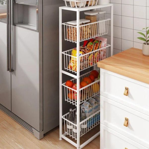 Itens de armazenamento de cozinha Prateleira lateral de geladeira para especiarias, cestas multicamadas, design de puxar, rack de vegetais